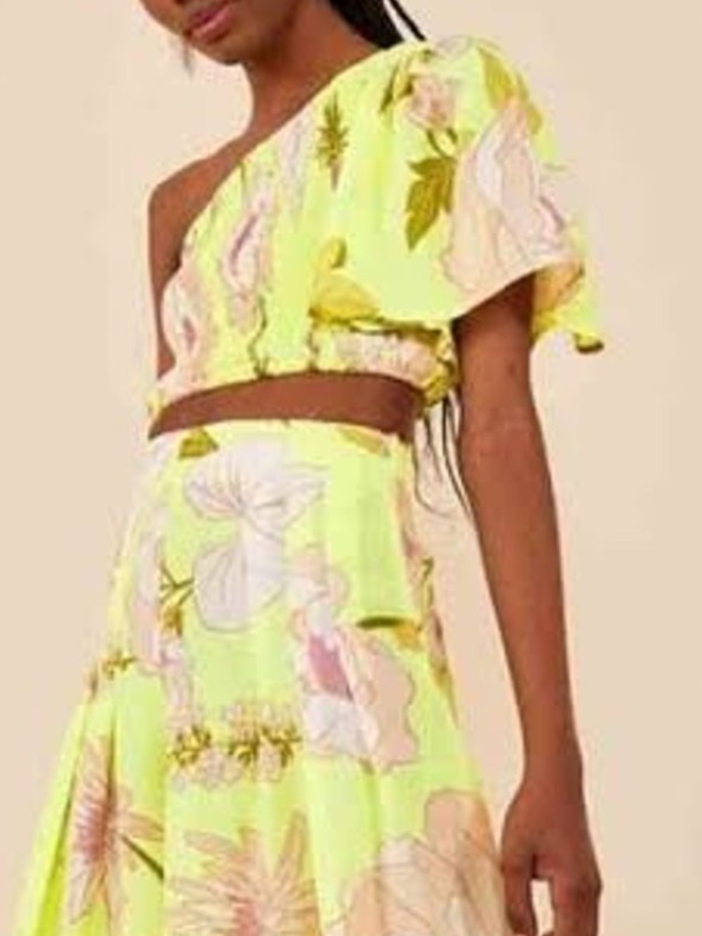 FARM Rio Neon Yellow Floral One-Shoulder Crop Top